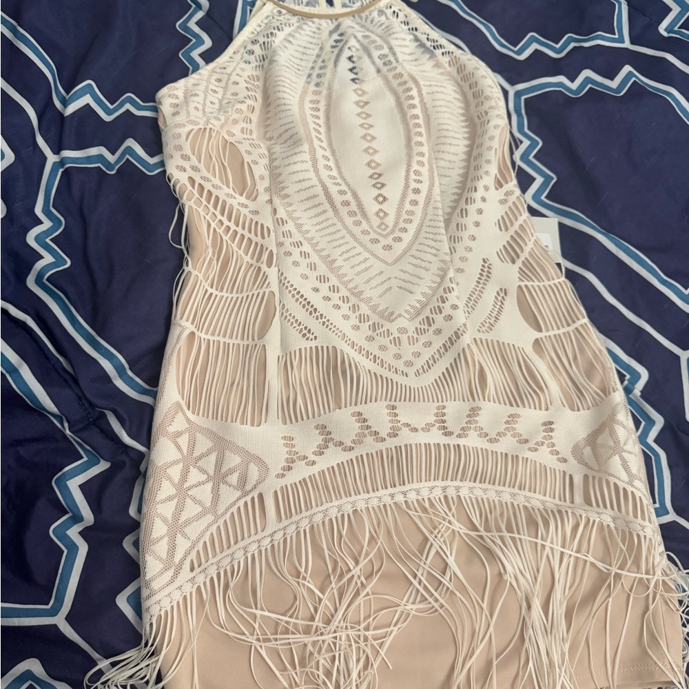 White and Tan Fringe Dress